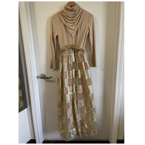 Vintage 70s Metallic Gold Check High Neck Cowl Modest Long Sleeve Gown - Picture 5 of 16